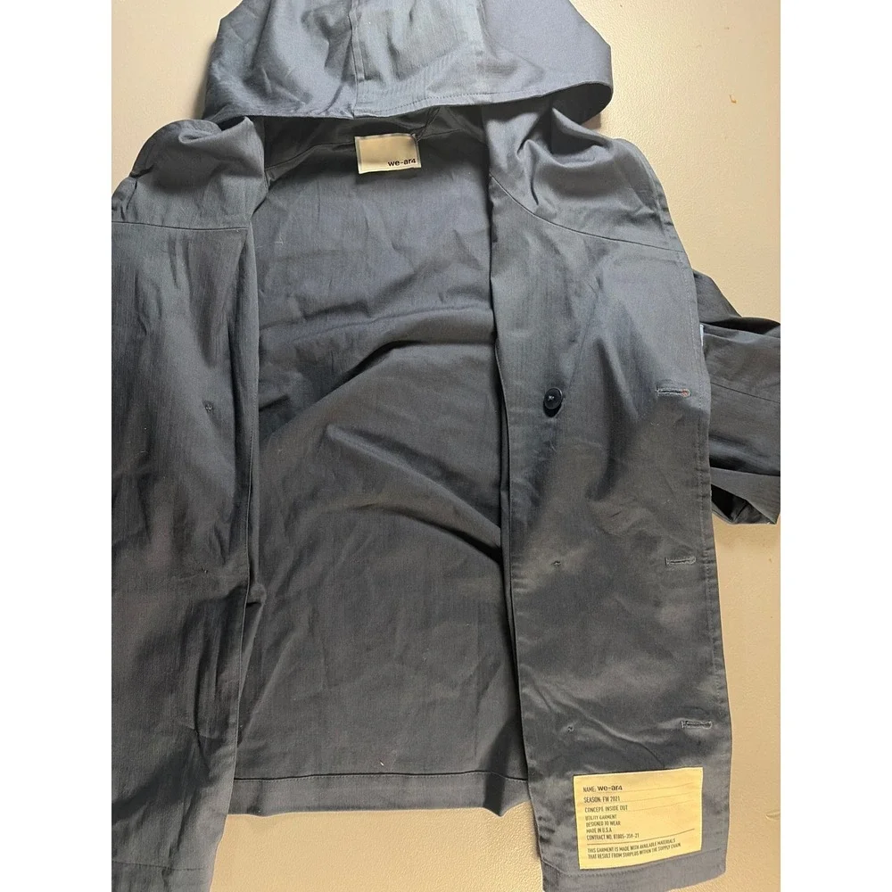 WE-AR4 Hooded Utility Jacket Womens XS Navy Blue Plaid Cuffs Double Breasted NWT - Picture 9 of 10